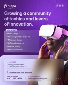 an advertisement for a company with a woman using a virtual headset on her face