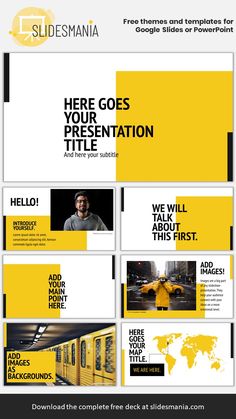 a yellow and black presentation slider template for powerpoint presentations, with the title here goes