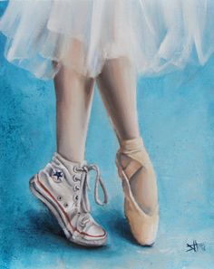 a painting of a ballerina's feet in white shoes with a blue background