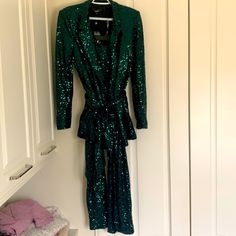 Be The Bell Of New Years Eve In This Gorgeous, Totally Sequin Wrap And Belted Jacket Snd Pants. I Don’t Remember The Price Of The Pants, So You Are Getting The Set For The Price Of The Jacket Alone !! Elegant Green Sequined Set, Festive Green Sequin Sets, Belted Jacket, Badgley Mischka, Pant Jumpsuit, Jumpsuit, Pants For Women, Pants