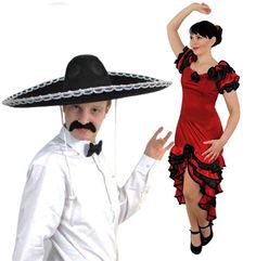 a man in a sombrero and a woman wearing a red dress