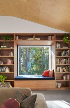 Image 22 of 33 from gallery of Hidden House / Archterra Architects. Photograph by Douglas Mark Black Window Seat Design, Hidden House, Home Library Design, Large Window, Aesthetic Rooms, Home Library, Home Room Design, Window Seat, Design Case