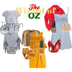 the wizard of oz costume is shown in three different colors, including yellow and red