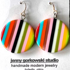 These Super Cute Acrylic Disc Earrings Are Stripped In A Variety Of Summer Fun Colors! Sterling Silver French Hooks. By Jenny Gorkowski. Length 1 3/4” Colorful Round Earrings Gift, Colorful Round Earrings For Gift, Handmade Modern Multicolor Earrings, Modern Multicolor Dangle Earrings, Colorful Earrings As A Gift, Rainbow Colorful Earrings For Gift, Modern Handmade Rainbow Jewelry, Nickel-free Multicolor Artsy Earrings, Multicolor Nickel-free Retro Jewelry