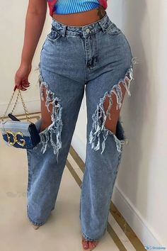 OrcaJump - High Waist Denim Jeans with Blue Street Solid Tassel, Ripped and Make Old Patchwork Design Yarn Pants Jeans, Really Ripped Jeans, Yarn Pants, Patchwork Denim Jeans, Jeans Patchwork, Denim Street Style, High Waist Denim, Bodycon Floral Dress, Denim Patchwork