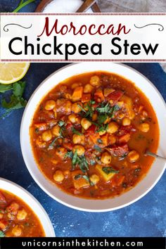 two bowls of moroccan chickpea stew on a blue surface