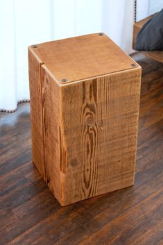 "Modern rustic beam side table  Rough sawn western red cedar with some character  Rough leather top surface Both the wood and leather are left raw Approx. 20\" tall, 12\" wide and 12\" deep These raw materials could have a slightly different look and texture" Outdoor Sawhorse Table, Timber Side Table, Side Table Wood Modern, Weathered Wood Furniture, Beam Table, Wood Trunk, Modern Side Table, Outdoor Wood, Wood Beams