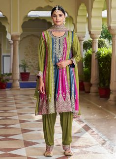 Green Multi Embroidery Designer Anarkali Dhoti Pant Suit Anarkali Lehenga Gowns, Embroidered Salwar, Readymade Salwar Kameez, Anarkali Lehenga, Designer Salwar Kameez, Indian Salwar Kameez, Designer Salwar, Designer Anarkali, Designer Salwar Suits