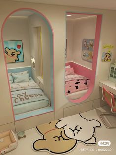 a room with a bed, desk and mirror in it that has a teddy bear on the floor