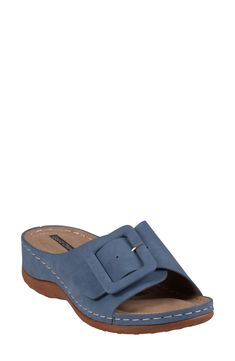 A buckle vamp strap adds contemporary appeal to a slide sandal grounded by a cushioned footbed and subtle platform. 1/2" platform Memory foam cushioning with arch support Synthetic upper and lining/rubber sole Imported Blue Open Toe Footbed Sandals With Buckle Closure, Blue Flat Slides With Buckle Closure, Comfortable Flats, Blue Sandals, Wedge Sandal, Shop Sandals, Flat Sandals, Slide Sandals, Wedge Sandals