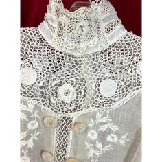 C 1900 blouse with fancy crochet and embroidery. This has a couple of small stains and some small holes. Bust 36-38 waist 30. White Victorian Style Top With Lace Work, Vintage White Blouse With Crochet Lace, Vintage White Crochet Lace Blouse, White Vintage Blouse With Crochet Lace, Vintage Fitted Blouse With Intricate Embroidery, Vintage Blouse With Crochet Lace, Fitted Vintage Blouse With Intricate Embroidery, Vintage White Lace Crochet Top, Vintage White Blouse With Intricate Embroidery