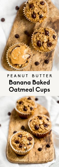 peanut butter banana baked oatmeal cups on a cutting board with chocolate chips