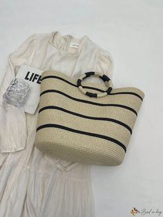 Bird in Bag - Premium Womens Striped Straw Woven Tote Bag - Stylish & Spacious, Ideal for Summertime Beach Retreats Striped Woven Beach Bag For Everyday Use, Casual Striped Woven Bag, Casual Striped Rectangular Beach Bag, Striped Woven Rectangular Beach Bag, Travel Beach Bag, Handwoven Jute, Beach Retreat, Travel Tote Bag, Woven Tote Bag, Travel Tote