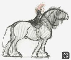 a drawing of a horse with a flower in its bridle on it's back