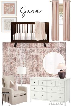 a baby's nursery room with pink and white accents, including a crib, dresser