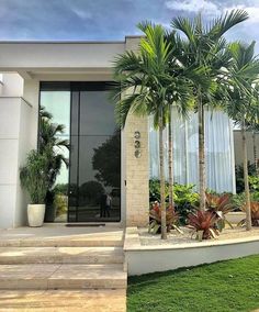 the entrance to a modern home with palm trees in front of it and stairs leading up to the door