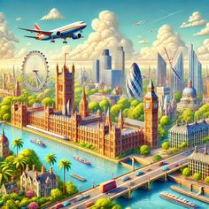 a painting of an airplane flying over a city with big ben and the london eye