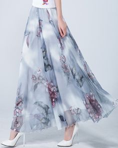 * A long skirt with elastic waist and beautiful prints. * A-line shape and wide hem, can make you look more taller and slimmer. * Made of pearl chiffon and fully lined. * Can custom make waist size and skirt length. * Material: 100% polyester * Size: True to US size, US 0-US 20 are available, you can let us know your usual size and height in your order. * Shipping: Free shipping Processing time : 5-7 Business days Delivery time : 7-20 Business days Tracking number available If you need rush orde Flowy Flared Maxi Skirt For Spring, Flowy Wide Leg Maxi Skirt For Spring, Spring Flowy Full Maxi Skirt, Spring Full Flowy Maxi Skirt, Floral Print Chiffon Skirt, Spring Flowy Flared Maxi Skirt, Spring Long Maxi Skirt, Spring Pleated Wide-leg Maxi Dress, Spring Maxi Length Gathered Skirt