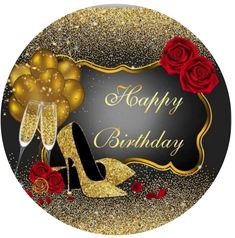 a happy birthday card with high heel shoes and roses on the bottom, surrounded by gold glitter