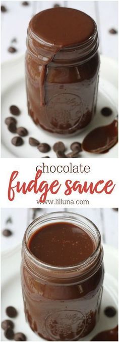 chocolate fudge sauce in a glass jar on a white plate