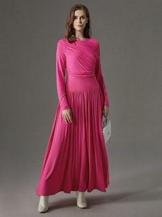 Buy Inexpensive Dresses at Stylewe online store, SPU: 17DR8T0460, Color: Rose Red, Theme:Spring/Fall, Silhouette:X-Line. Fall Pink Ruched Dress, Fitted Pink Pleated Maxi Dress, Fall Silhouette, Inexpensive Dresses, Red Theme, Crew Neck Dress, Fitted Maxi Dress, Fall Decoration, Home Dress