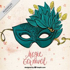 a green mask with leaves on it and the words magic carnival written in red ink