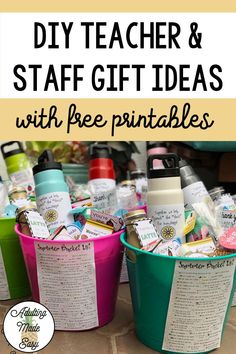 two buckets filled with teacher and staff gift ideas for the kids to use in their classroom