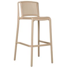 a beige plastic bar stool with an armrest and seat cushion on the back, in front of a white background