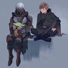 two people sitting next to each other on top of a wall with the child yoda in