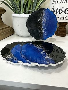 two black and blue plates sitting on top of a table next to a potted plant