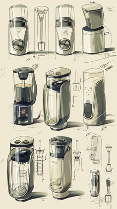 an image of various blenders that are drawn in pencil and watercolor on paper