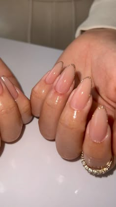 Gel Apres Nails, Prom Nails Basic, Simple Nails Graduation, Nail Inspo Almond Natural, Graduation Nails Short Almond, Basic Graduation Nails, Gelx Apres Nails French Tip, Feminine Nails Classy Almond, Apres X Gel Nails