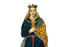 a painting of a woman wearing a blue dress and holding a gold crown on her head