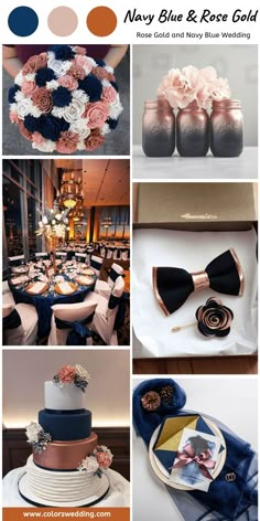 wedding colors and details for navy, pink, and rose gold color palettes with text overlay