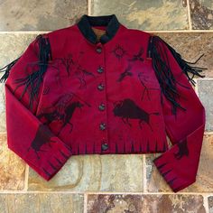 Suede Collar & Fringe. Truly Unique. Mint Condition. Cotton/ Lightweight Denim. Fitted Red Denim Jacket With Long Sleeves, Fitted Red Denim Jacket For Fall, Fitted Denim Jacket For Rodeo, Fringed Jacket, Coats Vintage, Double D Ranch, Fringe Jacket, Jean Coat, Jean Jacket