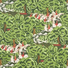 an image of a green and red pattern with horses in the woods on it's sides