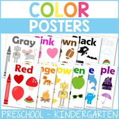 colorful posters with the words, colors and pictures on them for kids to use in their classroom