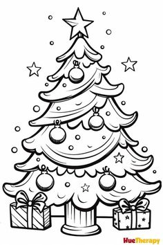 a christmas tree with presents under it and stars on the top, in black and white