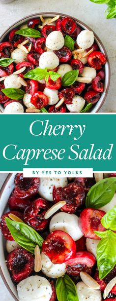 cherry caprese salad in a bowl with basil leaves on top and the title overlay reads cherry caprese salad by yes to yoles