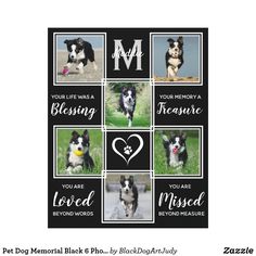 a black and white collage of dogs with their names in the middle, including one dog