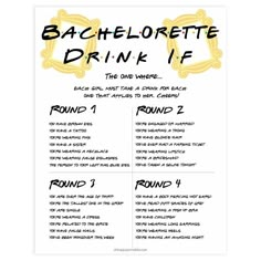 the bachelor drinking list for bachelors is shown in black and white with yellow accents