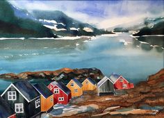 a painting of some houses by the water with mountains in the backgrouds