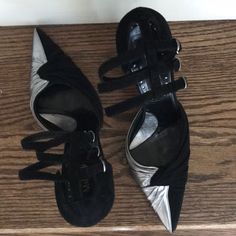 Nwot Malandrino Heels / Black Suede And Silver Leather W/ 3 Ankle Strap / Approx 4” Inch Heel / Size 39.5 / Made In Italy Evening Heels With Silver Accents And Pointed Toe, Black Heels With Silver Accents For Evening, Formal Heels With Silver Accents And Pointed Toe, Catherine Malandrino, Heels Black, 4 Inch Heels, Black Heels, Black Suede, Shoes Women Heels