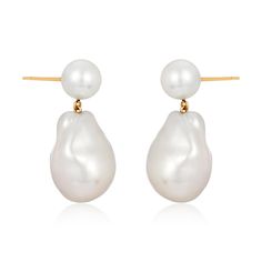 Freshwater baroque pearls drop with round pearl on 14k gold post. Baroque pearl meas: 20 x 15mm Round pearl measures: 7.5-8mm Handcrafted in Mabel's San Francisco atelier. Classic High Luster Drop Pearl Earrings, Classic Briolette Pearl Drop Earrings, Luxury Briolette Pearl Drop Earrings, Classic Baroque Pearl Earrings With Pearl Charm, Pearl Drop Earrings With Baroque Pearls, Classic Baroque Pearl Earrings In Pearl White, Baroque Pearl Drop Earrings In Pear Shape, Pear-shaped Baroque Pearl Drop Earrings, Pear-shaped Akoya Pearl Earrings With Pearl Charm