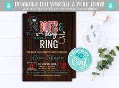 this is an image of a printable wedding card with the word boots and ring on it