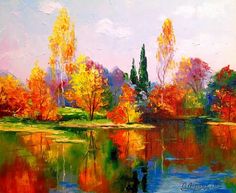 an oil painting of colorful trees and water