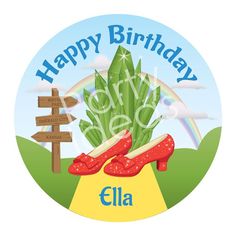 a happy birthday sticker with red shoes and rainbow in the background, surrounded by green grass