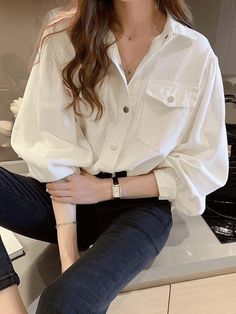 Pleated Oversized Long Sleeve Blouse - AnotherChill Street Preppy, Pockets Design, Long Sleeve Fashion, Long Sleeve Denim Shirt, Shirt Blouses Women's, White Shirts Women, Oversized Long Sleeve, Oversized Blouse, Sleeve Fashion