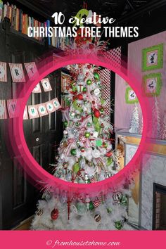 a white christmas tree with pink ribbon and ornaments in the shape of a circle on top