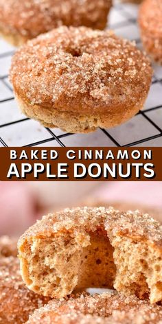 baked cinnamon apple donuts on a cooling rack with the words baked cinnamon apple donuts